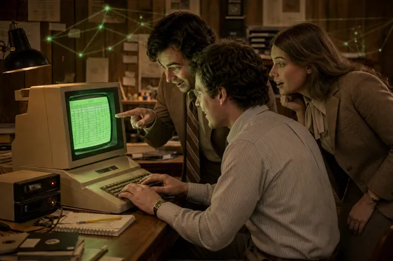 Three people crowd around an Apple II computer displaying a spreadsheet.