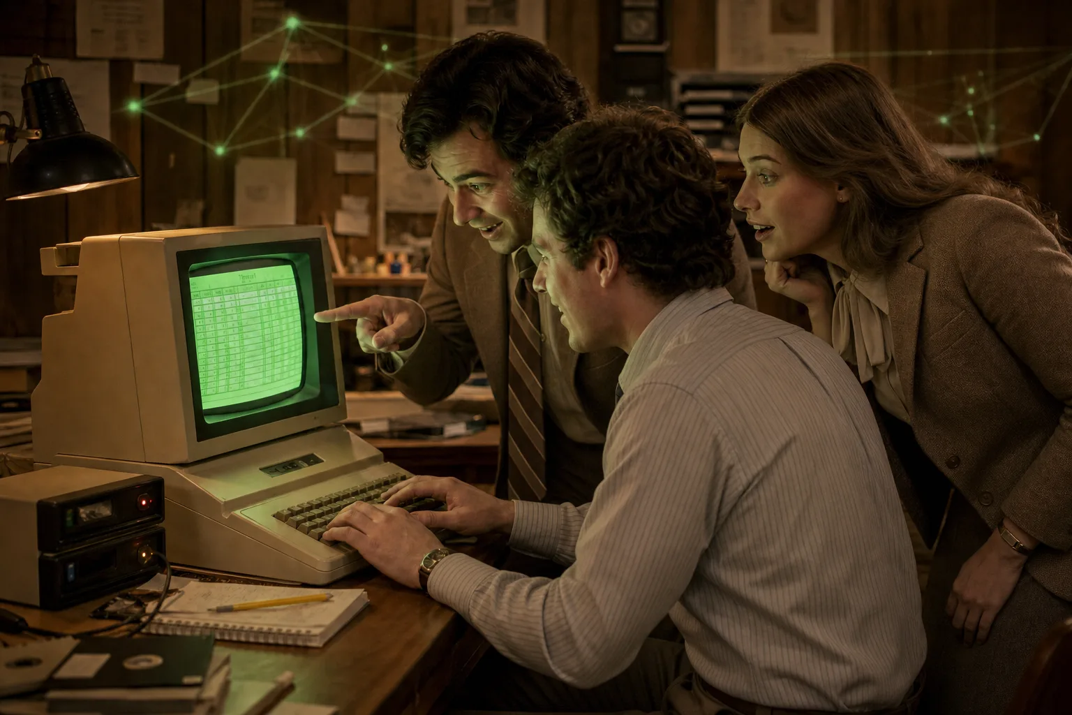Three people crowd around an Apple II computer displaying a spreadsheet.