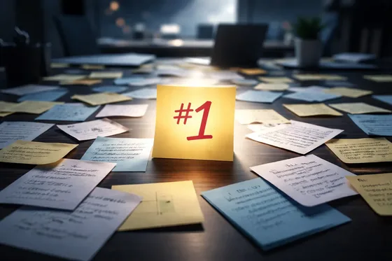 A glowing number-one note stands out among a wall of handwritten notes.
