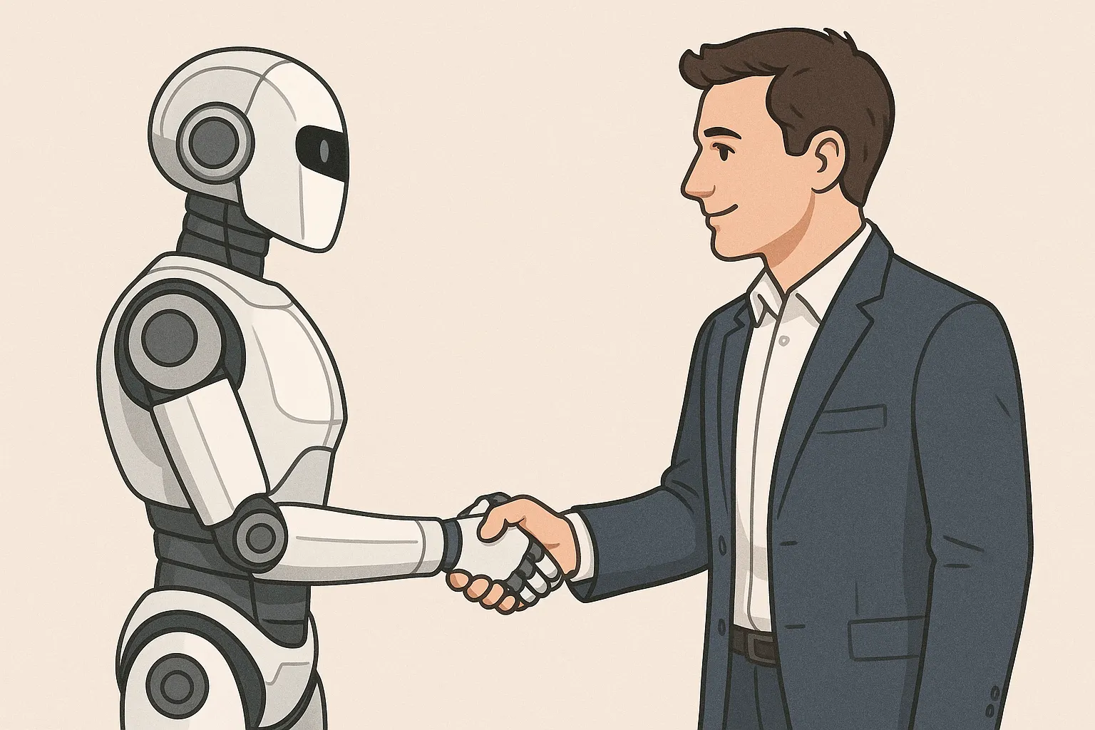 A businessperson and a humanoid robot shake hands.