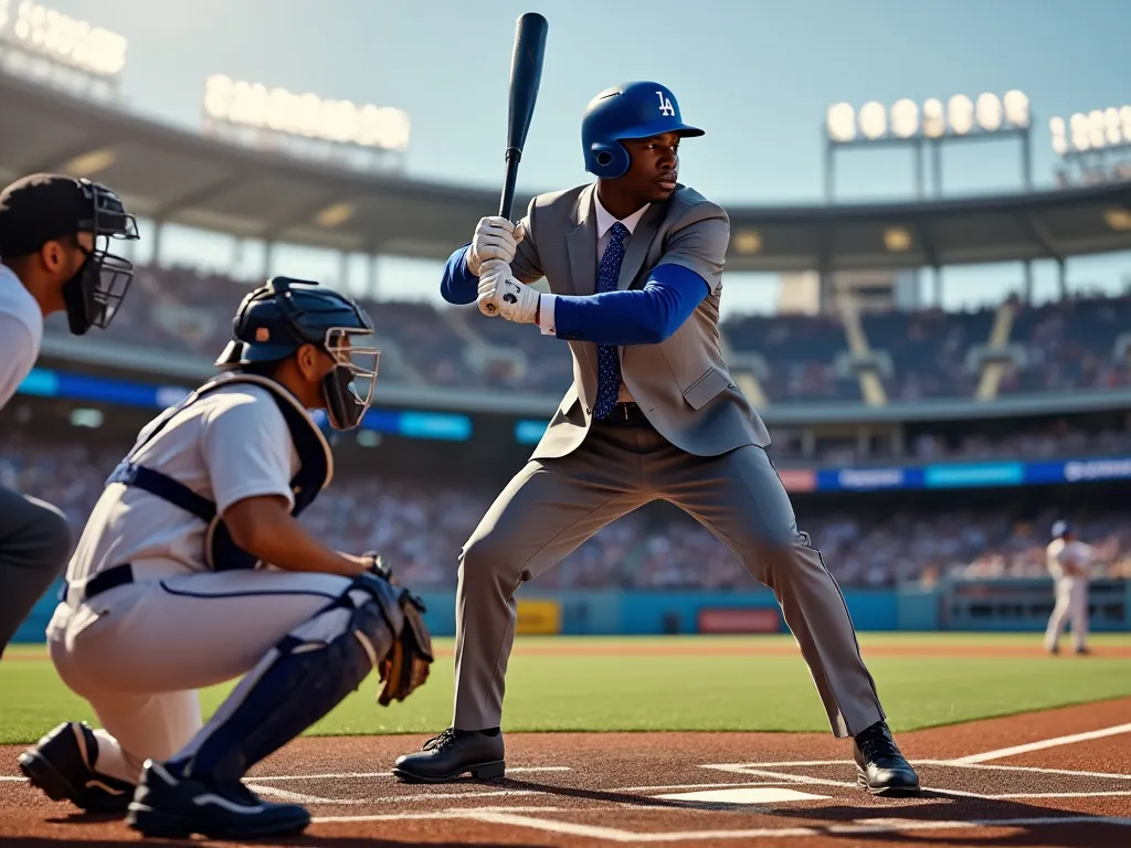 A baseball batter waits at home plate during a game.