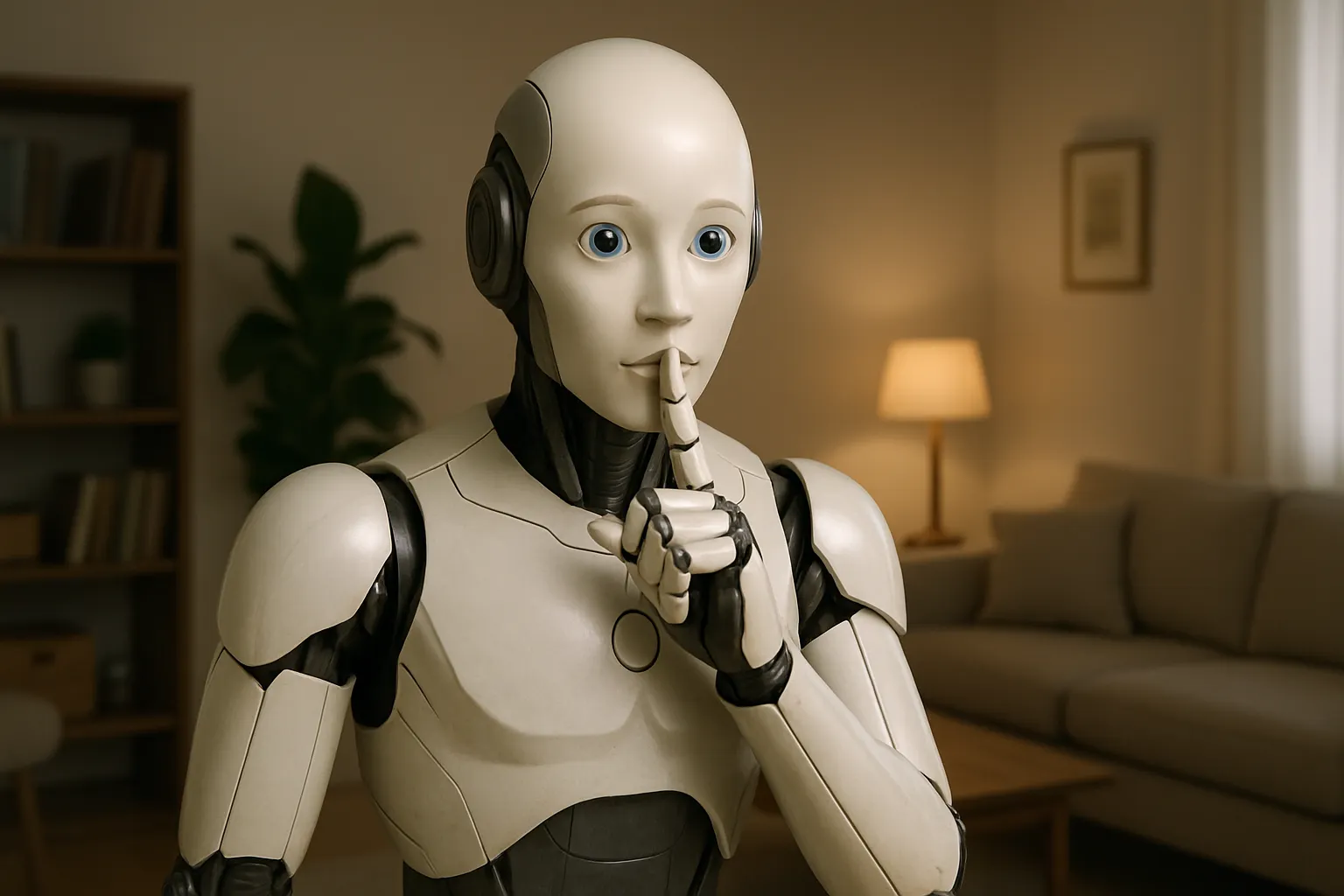 A humanoid robot pauses in thought.
