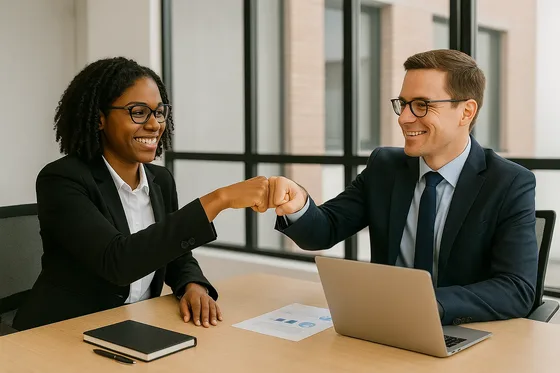 Two coworkers celebrate with a fist bump.
