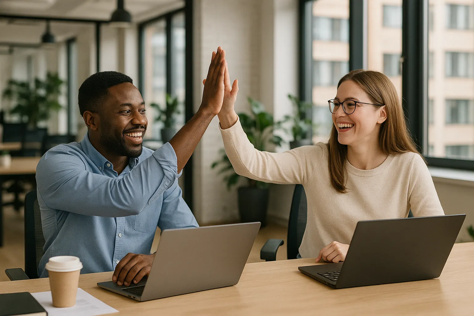 Coworkers celebrate together with a high five.