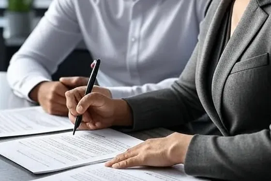 Two colleagues review paperwork together across a desk.