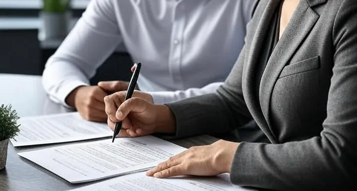 Two colleagues review paperwork together across a desk.
