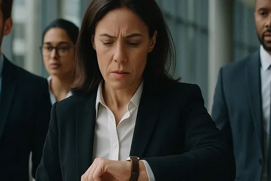 A business leader looks overwhelmed while colleagues wait behind her.