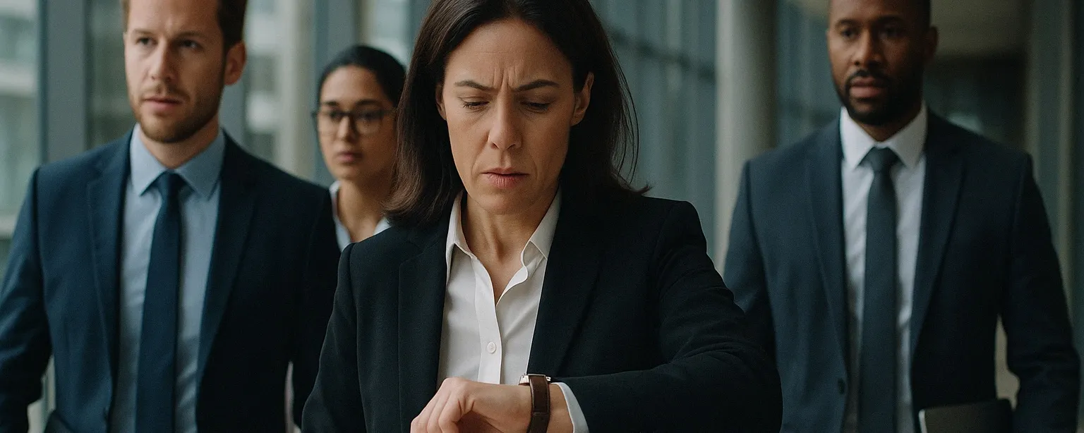 A business leader looks overwhelmed while colleagues wait behind her.
