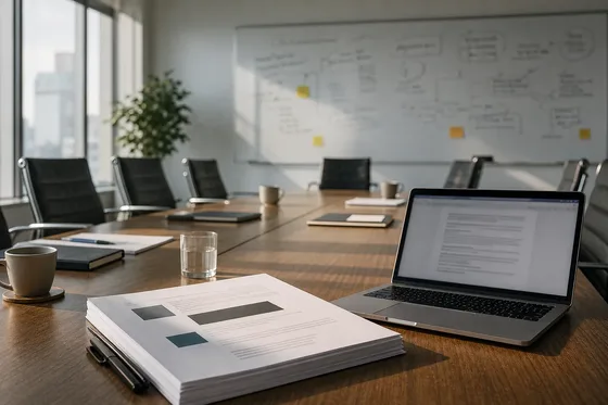 A sunlit conference room after a meeting, with a laptop and printed report on the table.
