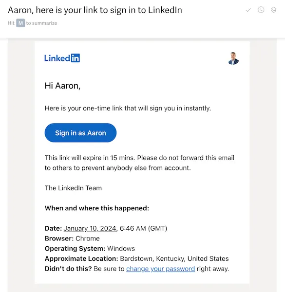 A LinkedIn one-time sign-in email showing an unexpected login attempt from Bardstown, Kentucky.