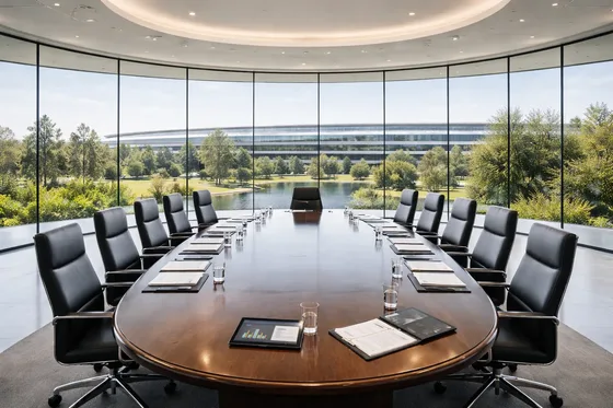 An empty boardroom prepared for a company board meeting.