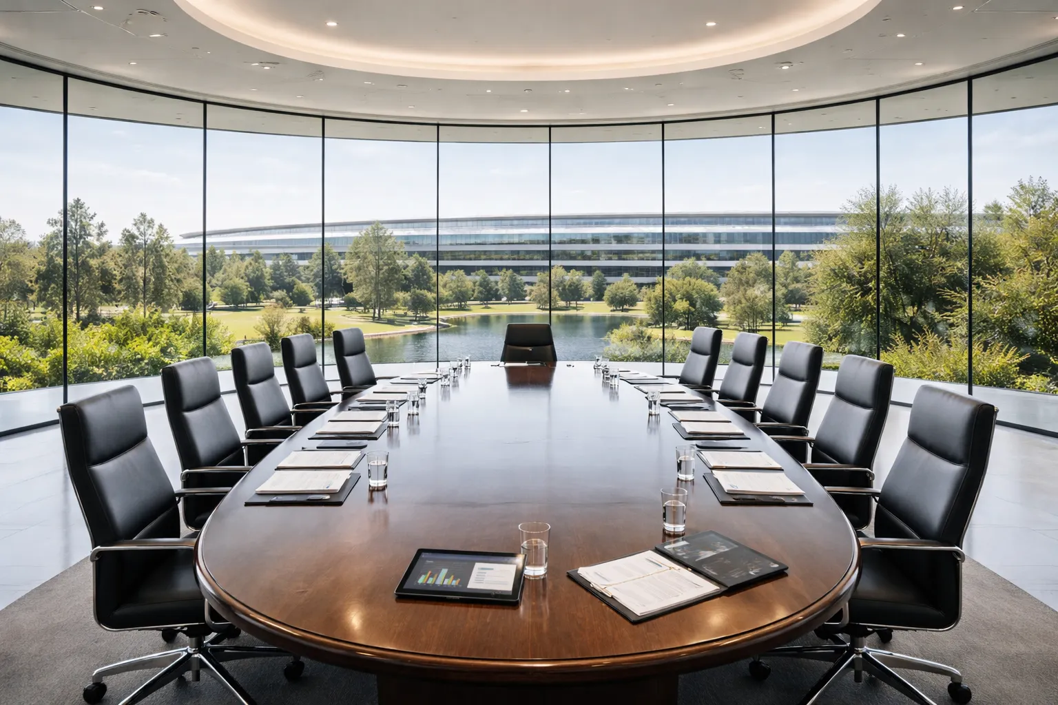 An empty boardroom prepared for a company board meeting.
