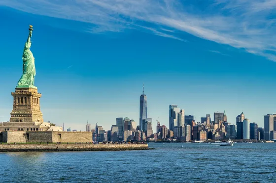 The Statue of Liberty overlooks New York Harbor.