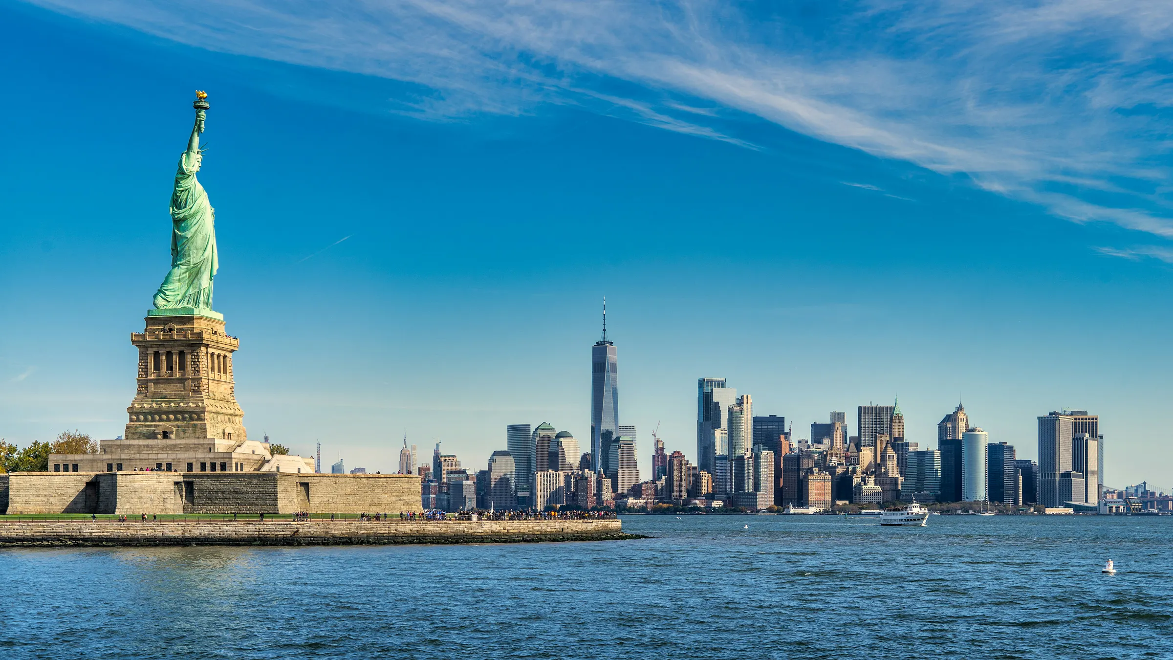 The Statue of Liberty overlooks New York Harbor.