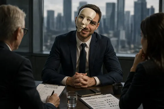 A masked job candidate sits across from an interviewer during a hiring conversation.